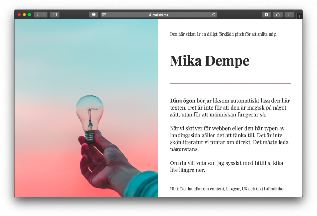 Mitt CV i form an en landningssida, gjord i Mailchimp.